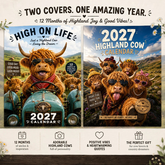 ❄️Zomerfresh 50% Korting!🐮Schotse Hooglander Kalender 2027 – Grappige A4 Wandkalender met 12 Maanden Vol Koeiencharme