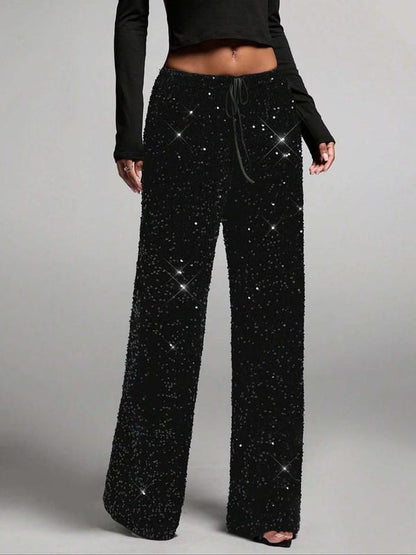 🎅 Exclusief Sinterklaasvoordeel!50% KORTING✨ Dames Wijde Broek Met Pailletten (Faux Suede) – Hoog Taille & Elastische Band – Perfect voor Kerstfeest & Feestelijke Gelegenheden!