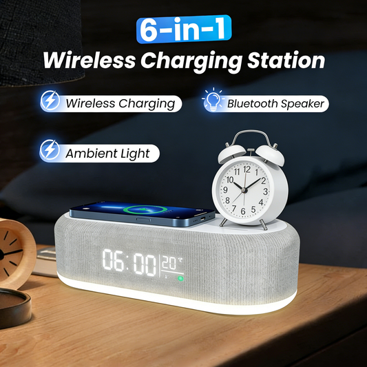 🌞Fris De Lente In Met 50% Korting!🔋6-in-1 Draadloos Laadstation 25W – Klok, Wekker, Bluetooth Speaker & Nachtlampje | All-in-One Nachtkastje!