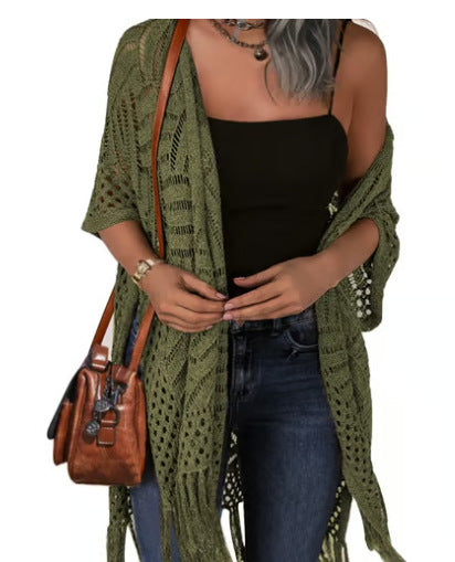 ❄️Zomerfresh 50% Korting!💗Dames Gehaakte Cover-Up met Kwastjes – Luchtige Open-Front Boho Kimono Vest voor Strand, Vakantie & Zomerlooks