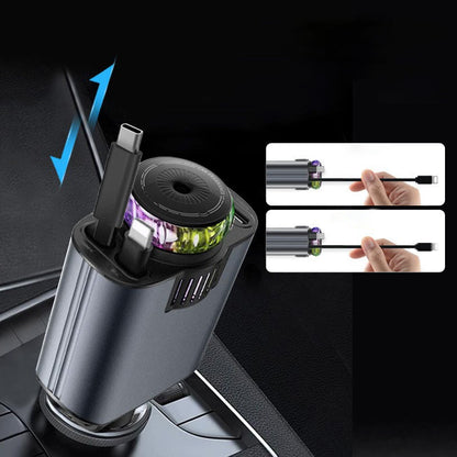 🌞Fris De Lente In Met 50% Korting!⚡5-in-1 Autolader met Intrekbare Kabels (120W) | Snellader met Auto Parfum Diffuser & Sfeerverlichting | Voor Apple & Android