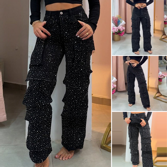 ⏳Tijdelijke aanbieding⏰Dames wijde broek met zakken en strass steentjes