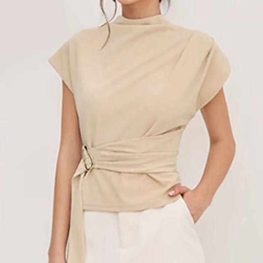 👚 ✨Dames Elegante Mockkraag Top (Beige): Elegantie in Elke Draagwijze – Stijlvol & Gemakkelijk!