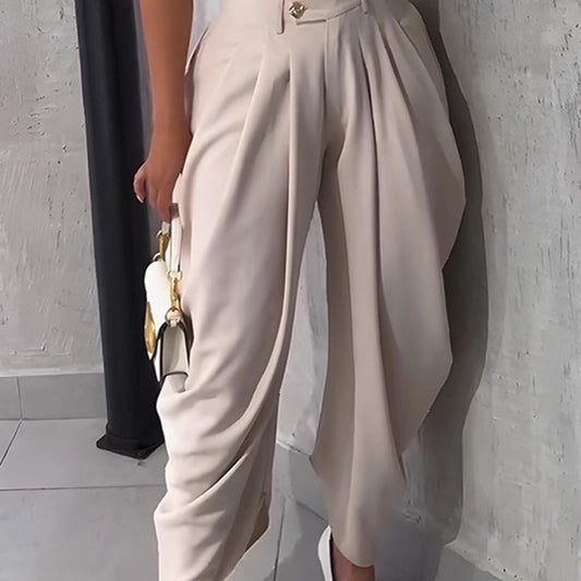 Designer Damesbroek: Plooide Hooglint Wijd Broek – Vervormend Silhouet, Makkelijk Te Combineren, Low-Maintenance