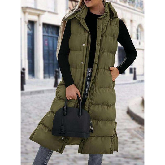 ❄️ Dames Lange Donsvest – Afneembare Kap, Rits & Knopen – Warme Elegantie Voor Ieder Seizoen!