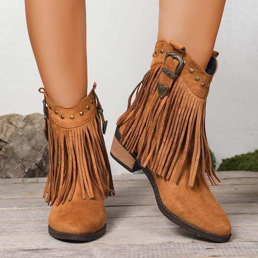 👢 Dames Retro Franje Enkellaarsjes – Volle Cirkel Franje, Comfortabele 5cm Hak & Stylish Voor Elke Outfit!