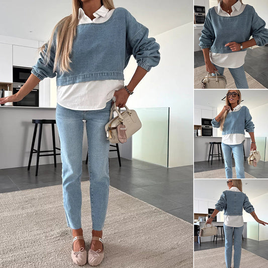 💥💥 Modieuze Tweedelige Denim Set voor Dames - Lange Mouwen Top & Broek!