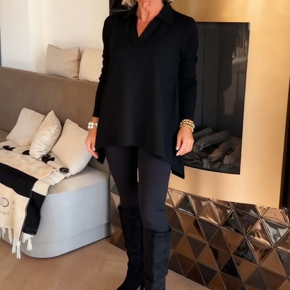 👚  Elegant Damesblouse Met Revers & Lange Mouwen —Asymmetrisch Zoom, Effen Stijl & Comfortabel Voor Elke Gelegenheid!