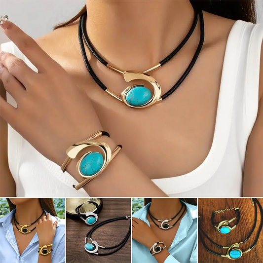 ✨ Vintage Boho Sieraad Set – Ketting & Armband Met Geometrisch Ontwerp & Zacht Leer (Veelkleurig)!