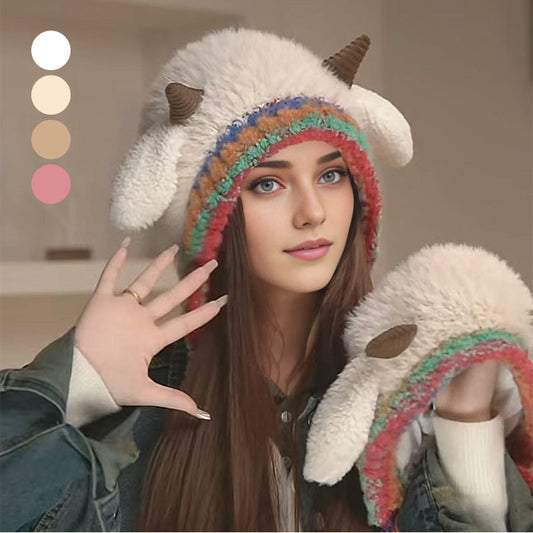 🐑🧣 Schattige Pluche Lammetjes Muts – Warme Oorflappen, Kleurblock Design & Comfortabel (Perfect voor Winter!)