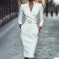 ✨ Elegante V-Hals Slim-Fit Jurk – Opstaande Kraag, Taille-Accent & Pencil Cut (Multifunctioneel Chique voor Elk Moment!)
