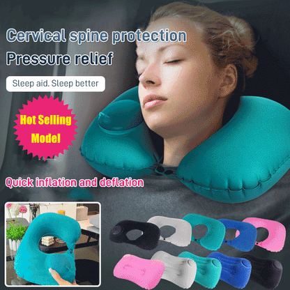 🎉Nieuwjaars Cadeau 50% KORTING!🚄Opblaasbaar U-vormig Reiskussen (Pers Type) - Ingesloten Pomp (30s Opblazen) + Compact Draagbaar: Comfortabel Tijdens Trein/Autoreizen!