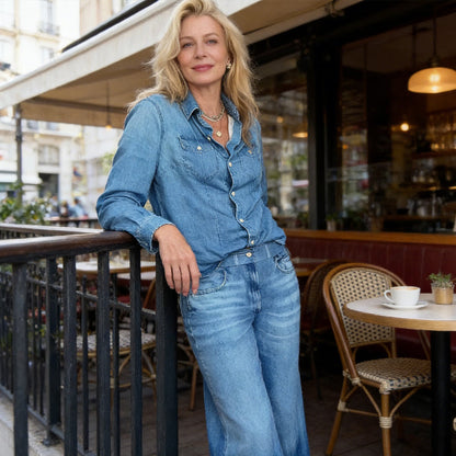 🎉Nieuwjaars Cadeau 50% KORTING!👖Dames 2-delige Faux Denim Pyjama (Stijlvol & Comfortabel)  – Kan Buiten Gedragen: Relax & Lounge in Trend!