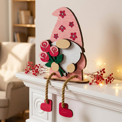 🎉Nieuwjaars Cadeau 50% KORTING!🧝‍♀️Valentijnsdag Houten Kabouter Decoratie : Romantisch Hartjes&Bloemen Ontwerp – Perfect Voor Plank & Cadeau!