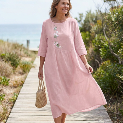 🌞Fris De Lente In Met 50% Korting!🌸Dames Casual Losvallende Midi-Jurk met Borduursel – Comfortabel & Elegant voor Zomer!