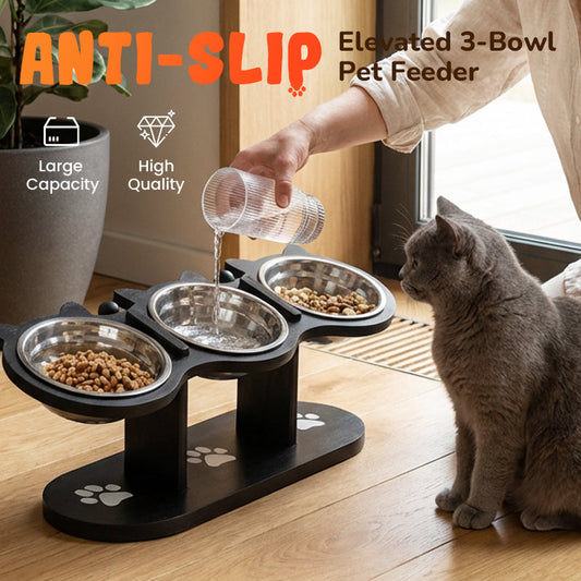 🌞Fris De Lente In Met 50% Korting!🐱Verhoogde Voerbak voor Katten met 3 RVS Bakjes | Ergonomische Houten Standaard (Anti-Slip) | Droogvoer, Natvoer & Water