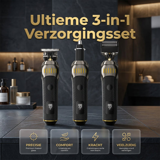 🌞Fris De Lente In Met 50% Korting!🧔Luxe 3-in-1 Professionele Verzorgingsset voor Mannen - T-Blade Trimmer, Foliescheerapparaat & Neustrimmer - Met LED-Display & USB-Oplaadbaar