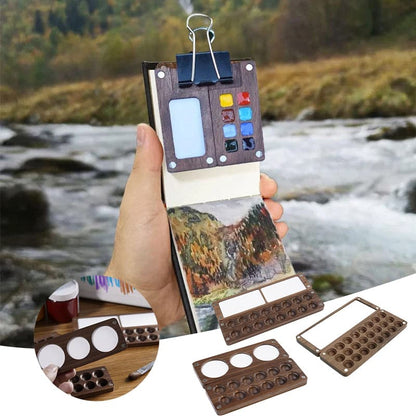 🌞Fris De Lente In Met 50% Korting!🎨Handgemaakt Notenhout Aquarel Palet - Mini Reispalet voor Urban Sketching - Magnetisch & Compact