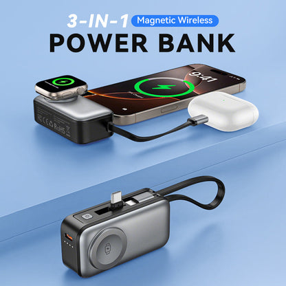 🌞Fris De Lente In Met 50% Korting!📱3-in-1 Magnetische Mini Powerbank - Ingebouwde Kabels & Roterende Plug - 5000mAh - Draadloos Opladen voor iPhone, Watch & Android - Ultra Compact