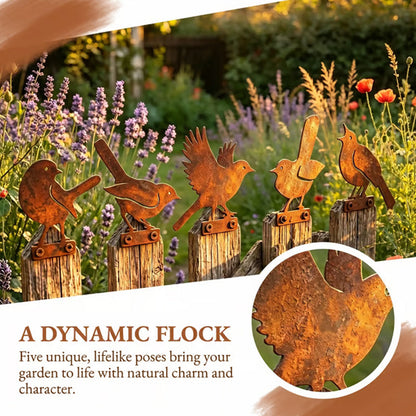 🌞Fris De Lente In Met 50% Korting!🐦5-delige Roestige Metalen Vogelset - Authentieke Cortenstaal-look Tuindecoratie - Voor Hek, Boom & Balkon