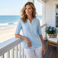 Women's Soloid Color Button Neck Casual Top