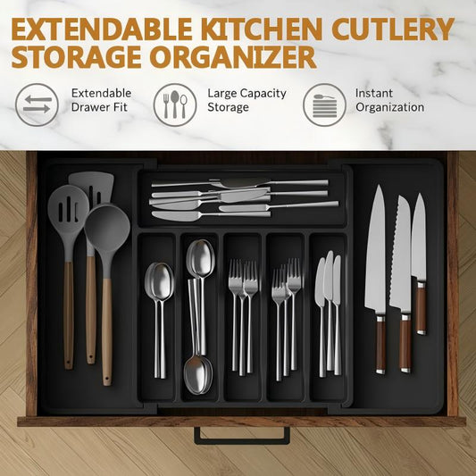 ❄️Zomerfresh 50% Korting!🍴Uitschuifbare Besteklade Organizer – Verstelbare Keukenlade Indeler voor Bestek, Messen & Keukengerei