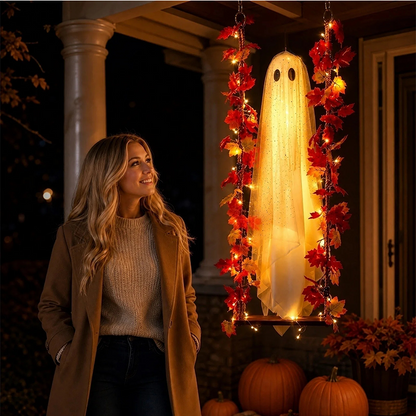 ❄️Zomerfresh 50% Korting!👻Hangend Halloween Spook met LED-Verlichting – Herfstdecoratie met Esdoornbladeren voor Voordeur, Veranda & Feest
