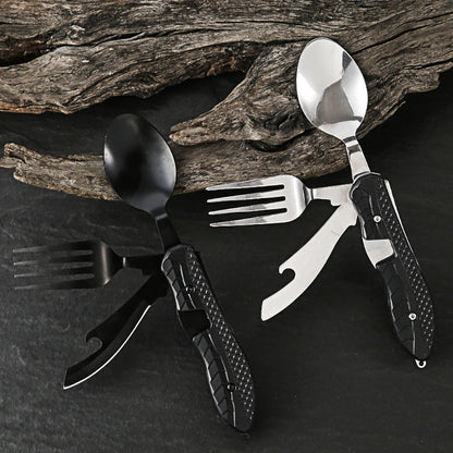 ❄️Zomerfresh 50% Korting!🍴4-in-1 Opvouwbaar Campingbestek – Compact Buitenbestek met Vork, Lepel, Tafelmes en Flesopener