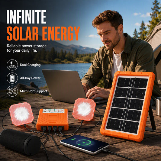 ❄️Zomerfresh 50% Korting!☀️Draagbaar Zonne-Energiesysteem – USB/Type-C zonnegenerator met 2 LED-lampen